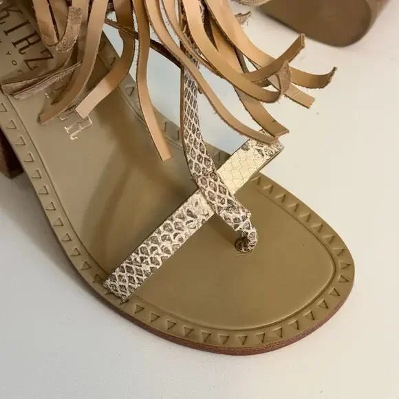 Ivy Kirzhner Sandals 9 Brown Snake Fringe Studded Hildagar Buckle Strappy Ankle